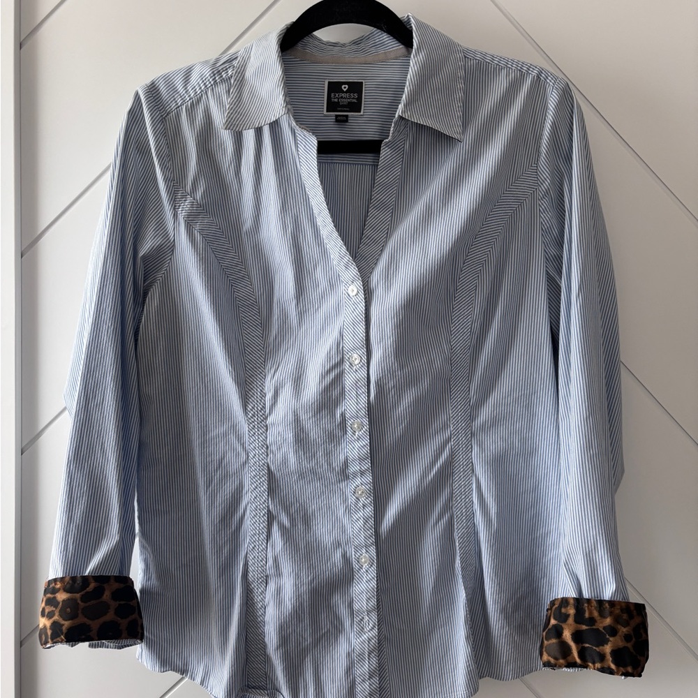 Striped Button-Up Shirt with Leopard Cuffs